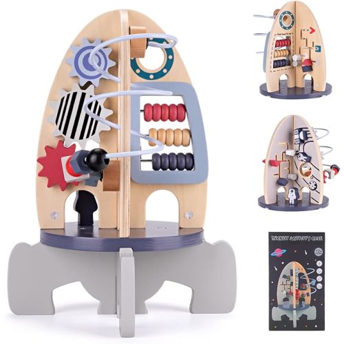 Wdmiya Space Wooden Activity Cube Toys for Baby, Montessoritoys for 1 Year Old Boy & Girl Birthday Gifts, Sensory and Educational 1st Birthday Gifts, Busy Board Toys for Baby Boy 6-18 Months (Rocket)