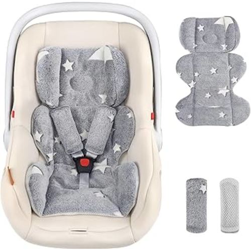 Infant Car Seat Insert Boys Girls, Soft Flannel Baby Head Support & 2 Strap Pads, Preemie Newborn Carseat Cushion Reversible & All Season for Stroller, Baby Swing, Rocker, Bassinets, Bouncer Gray Star