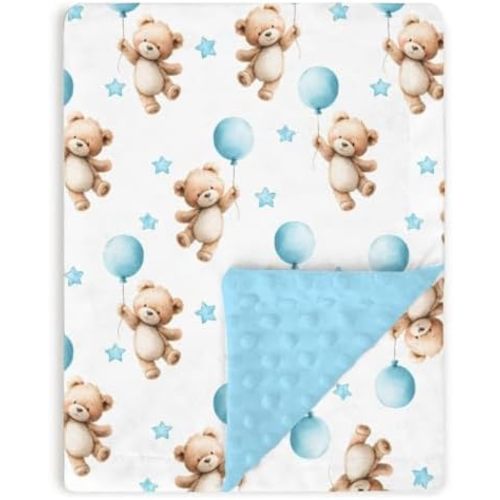 Blue Baby Blankets for Boys 30" x 40", Soft Double Layer Minky Blanket with Dotted Fleece Back, Nursery Bed Receiving Quilt Newborn Infant Toddler Shower Gift Cute Bear Balloon Star Theme