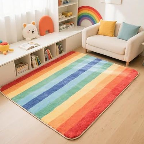 Cute Rainbow Kids Play Rug Colorful Soft Cozy Plush Carpet Vibrant Multicolor Stripes Ombre Area Rug Non-Slip Floor Mat for Bedroom Playroom Decor,4'x5'3"