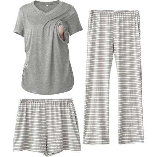 3 Piece Women's Maternity Nursing Pajamas Set V Neck Breastfeeding Pjs Sleepwear Postpartum Shorts&Pants Pockets
