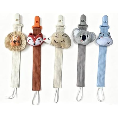 5 Pack Pacifier Clips for Girls and Boys, Multicolor Fabric Straps,5pcs Straps, Approx. 11 in / 29 cm, Resin Clips with Inner Grip Design, Fits Most Pacifiers with Handles