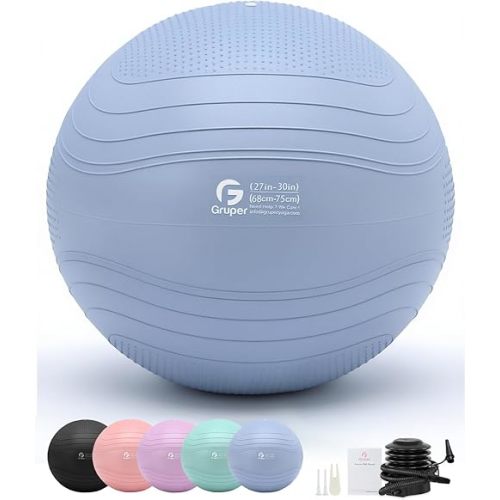 Gruper Yoga Ball, Extra Thick Exercise Ball for Workout Pregnancy Stability - 4 Sizes Anti Burst Balance Ball for Yoga, Pilates, Fitness, Birthing, Physical Therapy - Includes Pump