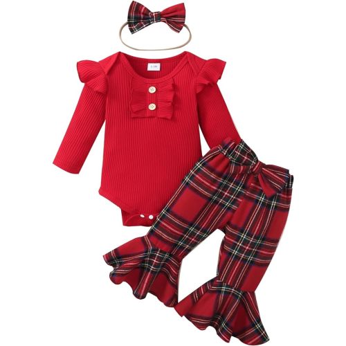 Kuriozud Newborn Baby Girl Bell Bottom Outfit Ruffle Romper Cute Bow Flare Pants Set Headband Cute Clothes