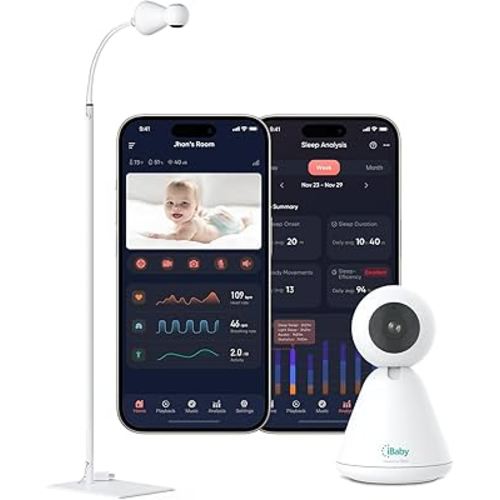 iBaby i20 Contactless Smart Baby Monitor with Floor Stand: Newborn Heart Rate & Breathing & Sleep Monitor, 1080p Camera, 360° View, Night Vision, Two Way Audio, Lullaby, Cry & Safety Alerts
