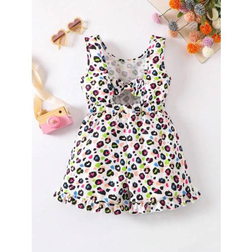 Toddler Girls' Colorful Resort Active Leopard Print Hollow Back Bow Decor Romper Shorts Suit For Summer Outing | SHEIN USA