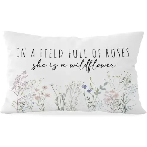 Baby Girl Nursery Decor Pillow Cover 12x20, in a Field of Roses She is a Wildflower Throw Pillow Case, Wildflower Flower Nursery Floral Decor for Nursery Playroom Kids Room