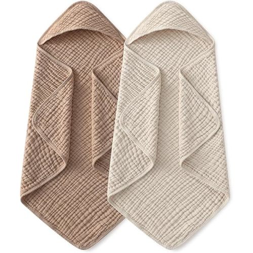 Yoofoss Hooded Baby Towels for Newborn 2 Pack 100% Muslin Organic Cotton Baby Bath Towel with Hood for Babies, Infant, Toddler and Kids, 37.5"x37.5", Soft and Absorbent Newborn Essential, Beige&Coffee