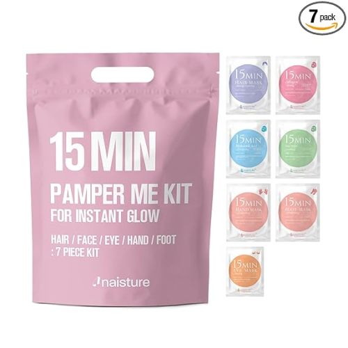 15 Min Pamper Me Kit by Naisture – Korean Spa and Skincare Kit for Women with Hair Mask, Hand and Foot Masks, Eye Mask, and Face Masks