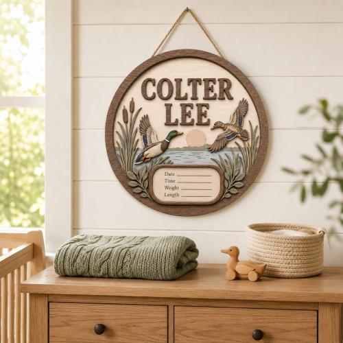 Custom Duck Nursery Wooden Sign, Personalized Baby Birth Stats Plaque, 3D Flying Mallard Wall Decor, Outdoor Hunting Lodge Newborn Gift Idea
