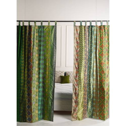 Vintage Silk Sari Patchwork Curtain - Bohemian Window Door Drapes, Recycled Indian Decor