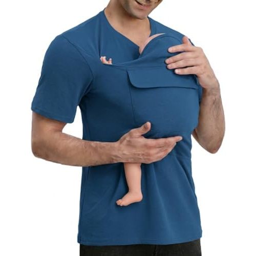 Mens Skin to Skin Dad Shirt Short Sleeve Baby Newborn Pouch with Pocket