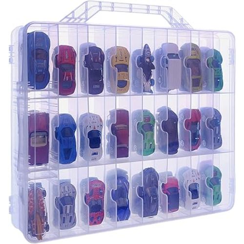 KISLANE Double Sided Toy Car & Doll Storage Case - 48 Compartments, Portable Transparent Case