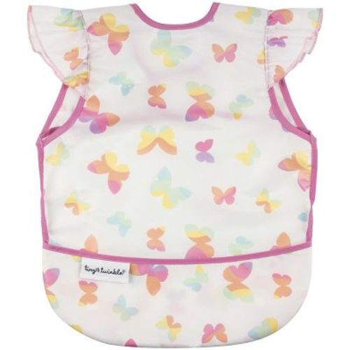 Tiny Twinkle Mess-Proof and Waterproof Baby Bib/Apron with Ruffled Shoulder, Machine Washable and BPA-Free (Butterflies, Small 6-24 Months)