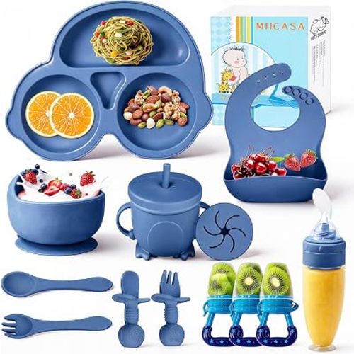 Silicone Baby Feeding Set,Miicasa Baby Led Weaning Supplies Kit With Suction Bowl & Car Plate, Bib, Spoon, Fork, Cup - Food-Grade Silicone, Dishwasher-Safe, No BPAs - For 3+ Months