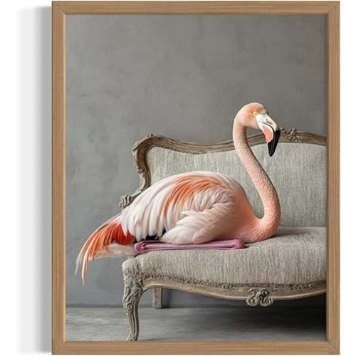 Flamingo on Sofa Wall Art Print Poster, Animal Nautre Wildlife Photography Bedroom Bathroom Guest Room Decor 231 (Flamingo, 20L" x 16W", Wood Frame)