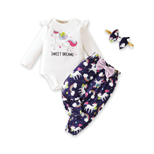 PatPat Baby Girl Clothes Long Sleeve Romper Unicorn Print Pants Headband Outfit Set Birthday Gift Newborn Infant Girl Clothes 0-3 Months