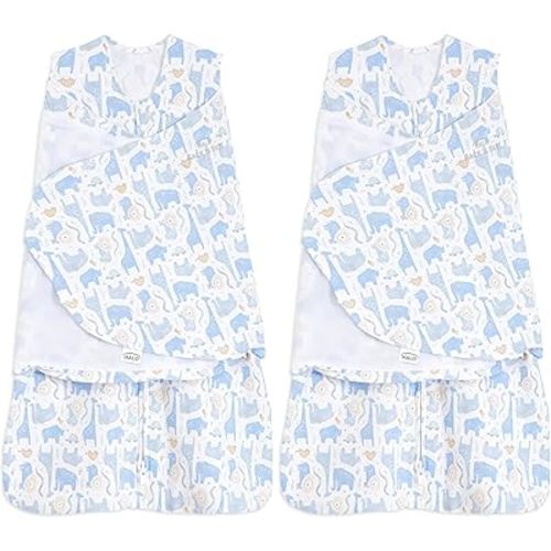 HALO 100% Cotton Sleepsack Swaddle, 3-Way Adjustable Wearable Blanket, TOG 1.5, Blue Safari, Newborn, 0-3 Months (Pack of 2)