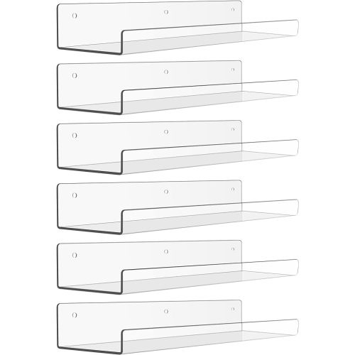 upsimples 6 Pack Acrylic Shelves for Wall Storage, 15" x 4“ Floating Bookshelves for Kids, Display Shelf Organizer for Bathroom, Bedroom, Living Room, Kitchen, Room Decor, Clear