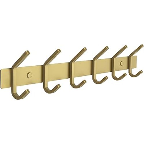 Brushed Gold Wall Mounted Coat Rack – 17 Inch Stainless Steel Rail with 6 Double Coat Hooks for Entryway, Bathroom, Bedroom, Kitchen – Modern Gold Hook Rack for Coats, Hats, Towels