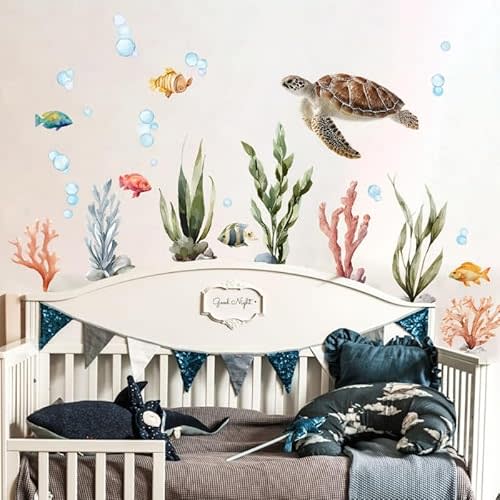 Sea Turtles Wall Sticker,Under The Sea Fish Coral Seaweed Wall Decals,Ocean Animal Self-Adhesive Mural,Removable Wall Sticker for Living Room Baby Nursery Kids Room Decor