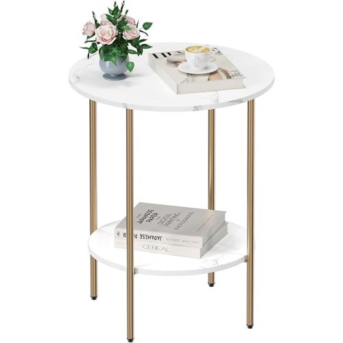 Side Table, Round End Table with 2 Storage Shelves, Compact Living Room Accent Table, Space-Saving Small Bedside Table, 18x18x22in, Marble White