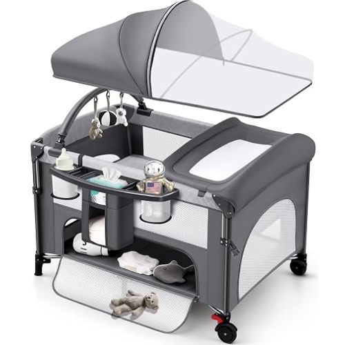 4 in 1 Baby Bassinet Bedside Crib with One-Hand Setup & Waterproof Mattress – ASTM-Certified Pack and Play, Portable Foldable Playard with Diaper Changer for Newborn to Toddler (Grey)