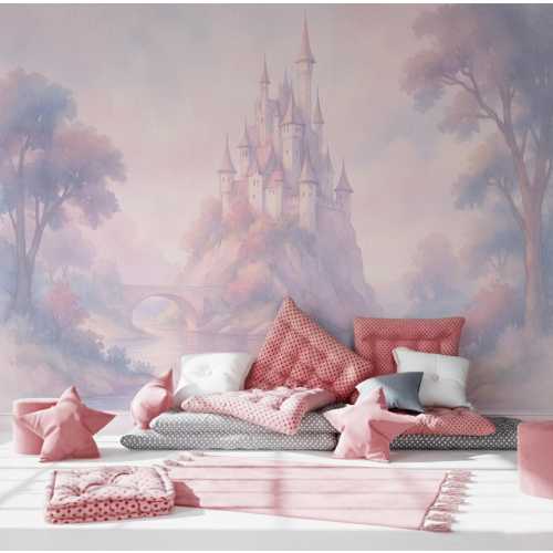 Pink Princess Castle Wallpaper Girl Nursery, Magic Kingdom Peel and Stick Wall Mural, Watercolor Mountain Wall Decor Kids Room Removable