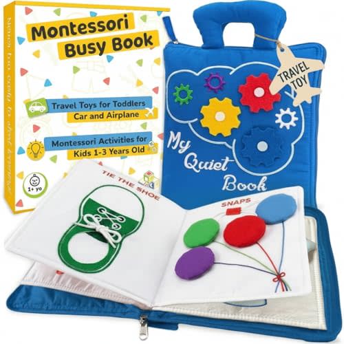 deMoca Toddler Travel Toys for Airplane and Car Rides, Quiet Busy Book for Toddlers 1-3, Plane Toys for 1 Year Old, Montessori Activity Book with All Parts Attached, Screen