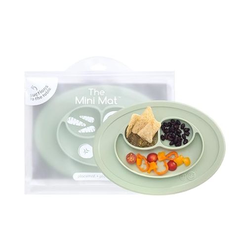 ezpz Mini Mat (Sage) - 6 -12 Months+ - 100% Silicone Suction Placemat + Divided Plate with Three Compartments - Supports Baby-Led Weaning - Designed for Highchair, Table, and Travel