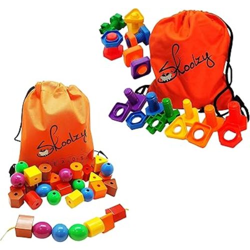 Skoolzy Occupational Therapy Toddler Toys - Jumbo Primary Lacing and Nuts and Bolts - Montessori Fine Motor Montessori Toys