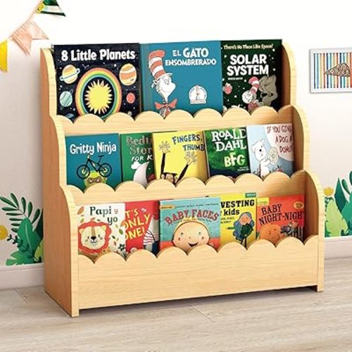 Nanati 3-Tier Scalloped Kids Bookshelf, Solid Wood Nursery Book Shelves, Montessori Bookcase,Toddler BookShelf for Kids Room,Childrens Book Shelf Organizer Display Furniture for Playroom and Classroom