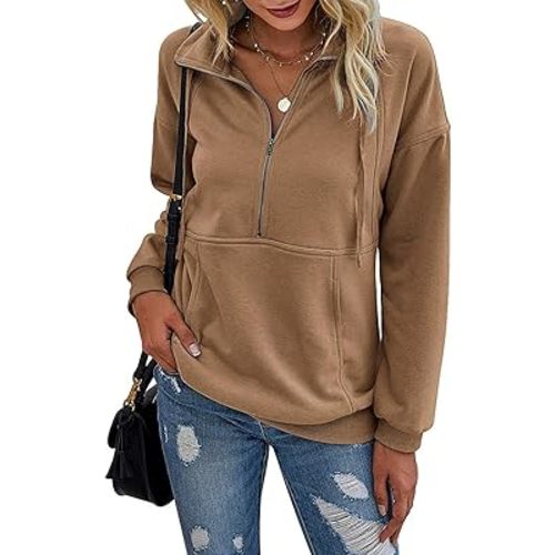 Loose Quarter Zip Pullover Tops with Pockets