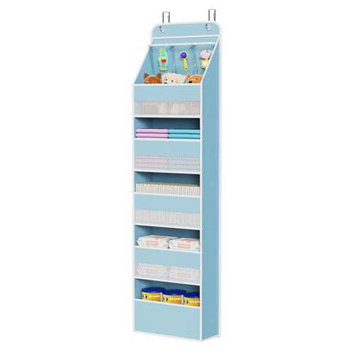 Univivi Fabric Over Door Hanging Organizer for Baby Nursery, Blue, 6-Shelf | Door Storage with Large Capacity Breathable Mesh Pockets, Over the Door Baby Organizer for Baby Essential, Bedroom, and Dorm