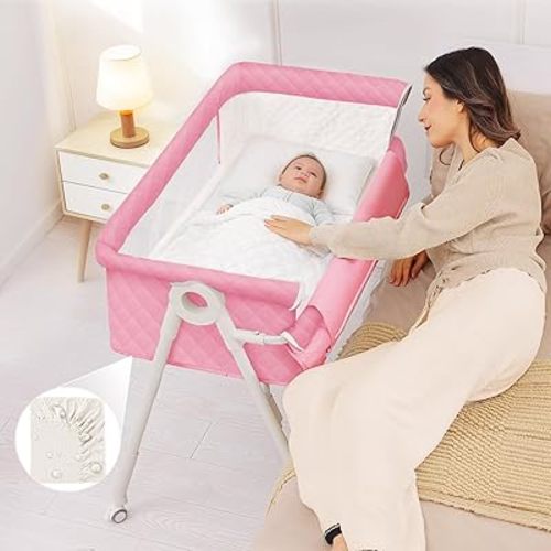 Bassinet Bedside Sleeper, 4 Adjustable Height Baby Bassinet with Crib Sheet, Easy Move Crib for Newborns with Lockable Wheels, Pink