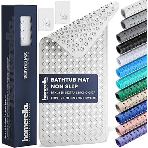 homerella® Bathtub Mat Non Slip 35x16, Incl. Hooks for Drying, Extra Long, 100% BPA Free, Shower Mat Non Slip Anti Mold, Machine Washable, Shower Mats for Inside Shower Mildew Resistant