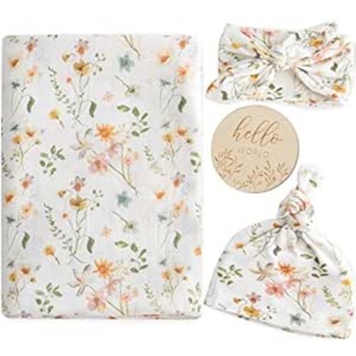 LifeTree Newborn Swaddle Set with Matching Hat and Bow Set, Wooden Birth Announcement Card, Floral Baby Girl Newborn Receiving Blankets Baby Swaddle Nursery Wildflower
