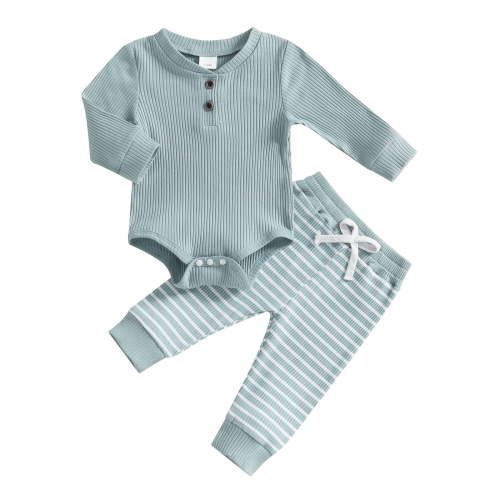 Ulanda Newborn Baby Boy Girl Clothes Ribbed Knitted Long Sleeve Romper Pants Solid Cotton Infant Fall Winter Outfits 2Pcs (Blue, 0-3 Months)