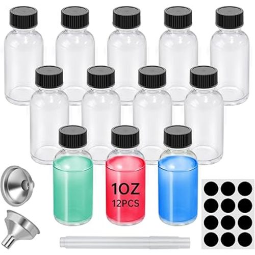 12Pcs 1OZ Small Clear Glass with Lids and Funnels, 30ml Boston Round Glass Bottles, Mini Bottles, Perfect for Diy Essential Oils, Perfumes, Whiskey and Juices (12)