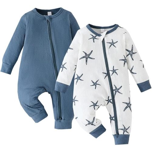 Bafeicao Unisex Baby Boy Girl 2/3 Pack Rompers Long Sleeve 2 Way Zipper One Piece Jumpsuits Clothes Sets