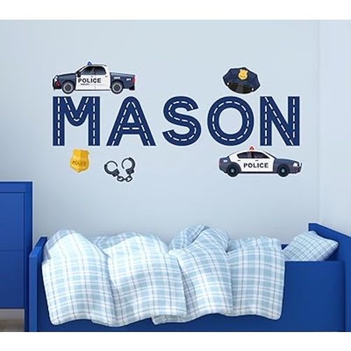 Police Wall Decal for Kids Room - Personalized Policeman Wall Stickers - Emergency Hancuffs Vehicles Peel and Stick Wall Art Decals for Boys Bedroom Baby Nursery Vinyl Wall Sticker