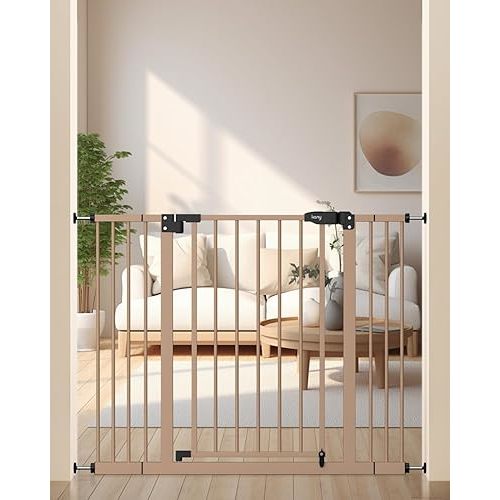 Baby Gate for Stairs, Auto Close Safety Dog Gate, Pressure Mounted Easy Walk Through Pet Gate for Doorways, Durable Stair Gate, 30" Tall, Brown