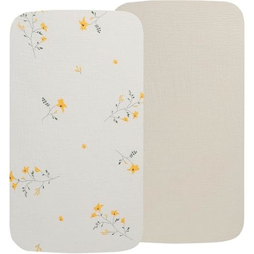 Onacosht Muslin Mini Crib Sheets, 39" x 27" Pack and Play Mattress Sheets Fitted for Pack N Play, Soft Cotton for Boys Girls, 2 Pack, Beige and Yellow Blossom