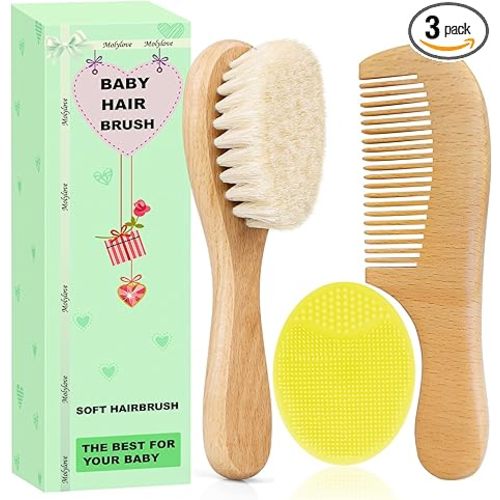 Baby Hair Brush with Wooden Handle and Comb Set for Newborns & Toddlers | Natural Soft Goat Bristles l Wood comb l Yellow Silicone Brush| Ideal for Cradle Cap (3PCS)