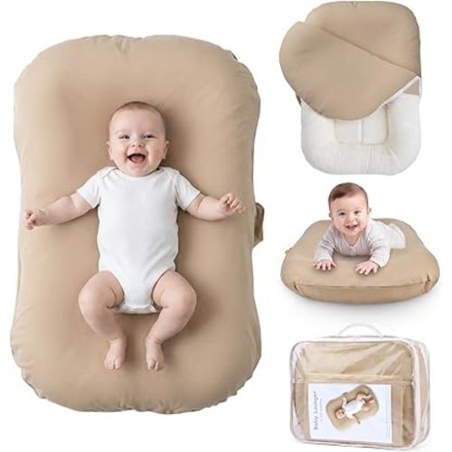 Baby Lounger for Newborn - Infant Lounger 0-24 Months, Soft Breathable Cotton, Perfect for Tummy Time, Portable Baby Nest Pillow for Home & Travel (Light Camel, Cover Included)