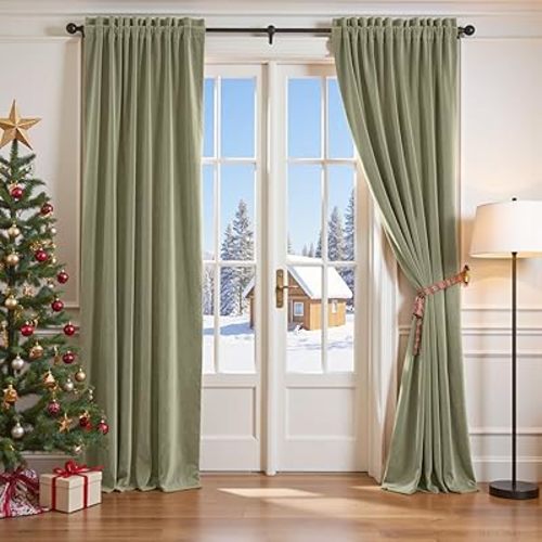 jinchan Curtains Velvet Curtain for Living Room, Sage Thermal Insulated Drape for Bedroom 96 Inch Long, Room Darkening Window Treatment Rod Pocket 1 Panel, Sage Green