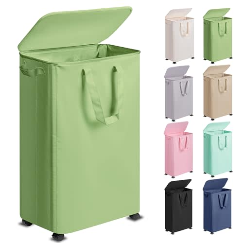 Vincona Slim Laundry Hamper with Lid and Wheels, Small Rolling Laundry Basket with Handle for Small Spaces, Tall Dirty Clothes Hampers for Dorm, Bathroom and Bedroom, 75L Sage Green