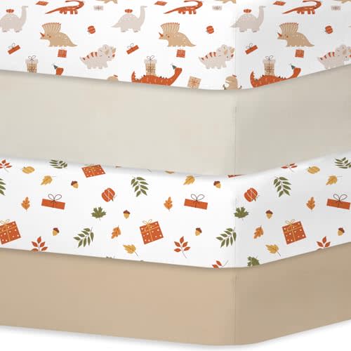 Bimocosy Crib Sheets for Boy Girl, Fitted Crib Sheet 4 Pack for Standard Crib and Toddler Mattresses, Super Soft Breathable Microfiber Baby Sheet 28"x 52", Dinosaur/Leaves/Khaki/Beige