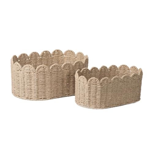 Scalloped Basket, Wicker Storage Baskets, Hand Woven Baskets for Shelves,Natural Baskets for Organizing (Paper rope(Ellipse-16"L x 10"W x 7"H))
