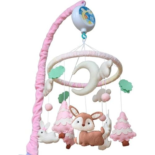 Pink Woodland Baby Mobile for Crib - Forest Animals Crib Mobile for Girls - Rotating Musical Baby Girl Mobile with 12 Lullabies - Pink Nursery Decor Gift